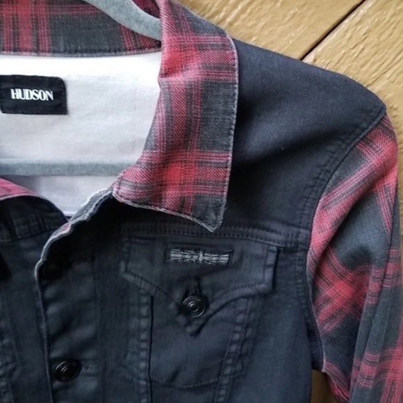Rare HUDSON jean’s black & red buffalo check denim Jean Jacket Sz S Stretch - Picture 3 of 13
